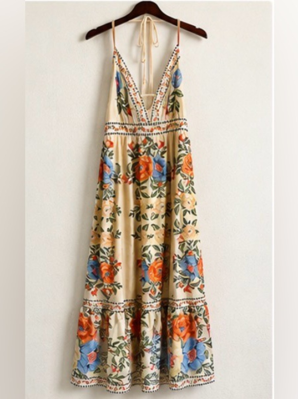 Cream Floral Maxi Dress with Orange & Blue Blooms